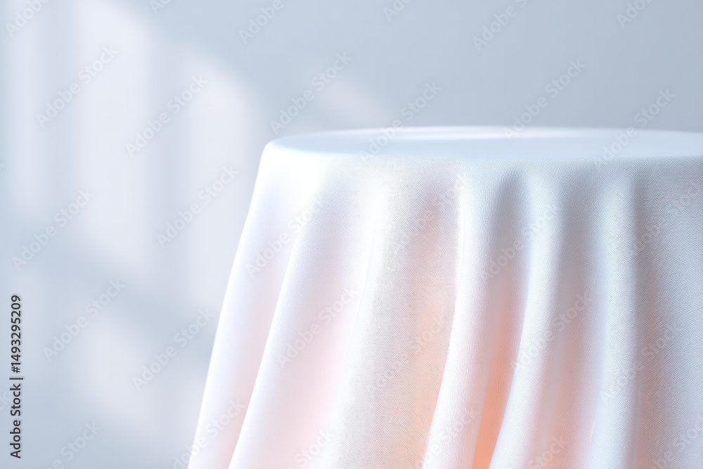Poster minimalistic scene featuring empty podium partially draped with soft flowing fabric
