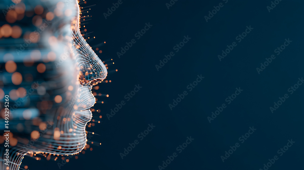 Poster digital human head with neural network and data points on dark background. ai generative. 56242719 3