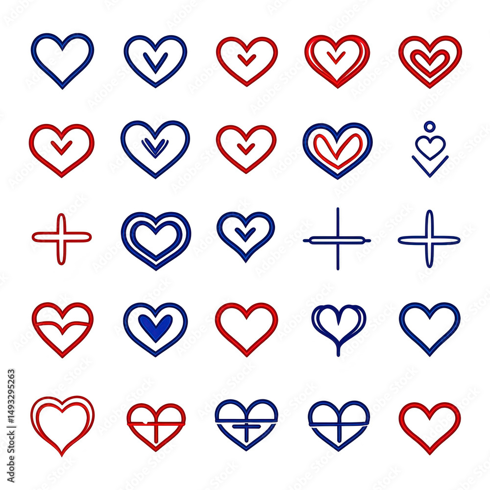 Poster heart symbols various styles and colors, including red and blue, are arranged grid pattern. designs 