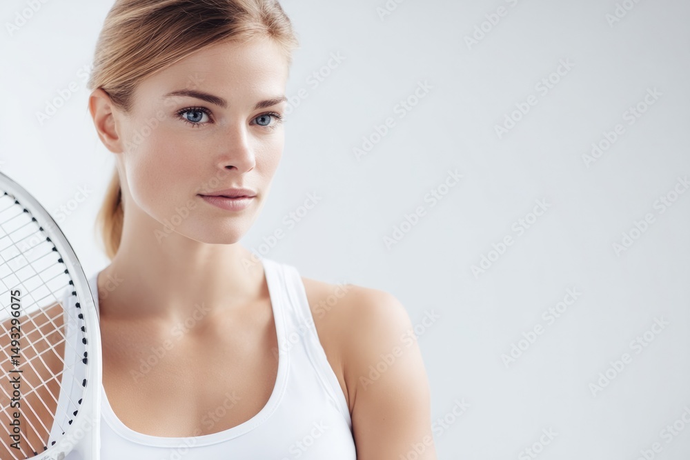 Poster portrait of tennis player holding racket set against plain background with ample copy space