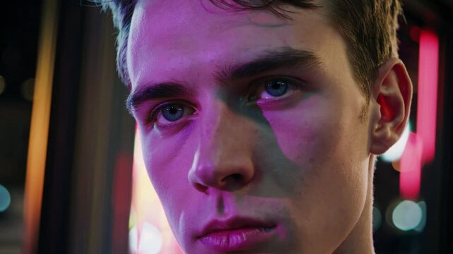 Close up of a young man's face illuminated by changing neon lights, creating a contemplative mood