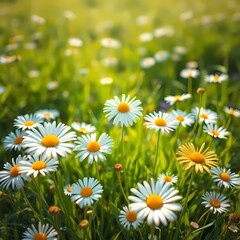 Fototapeta premium Sunlit meadow background features vibrant daisies dancing gently in a soft spring breeze.
