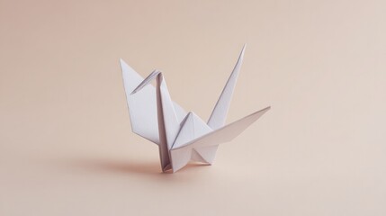 single origami crane gracefully folds its wings against pale minimalist backdrop