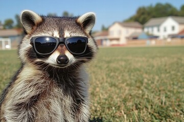 Sleek Soccer Pitch in a Quaint Town: Midfield Raccoon Rocking Shades as Furry Mascot