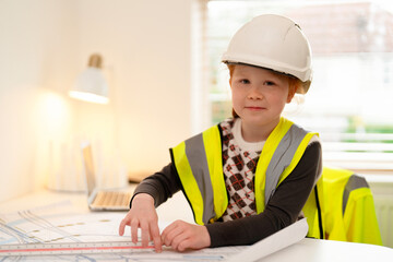 Young child engaged in a creative building activity in bright room while wearing safety helmet and vest during a learning session about architecture