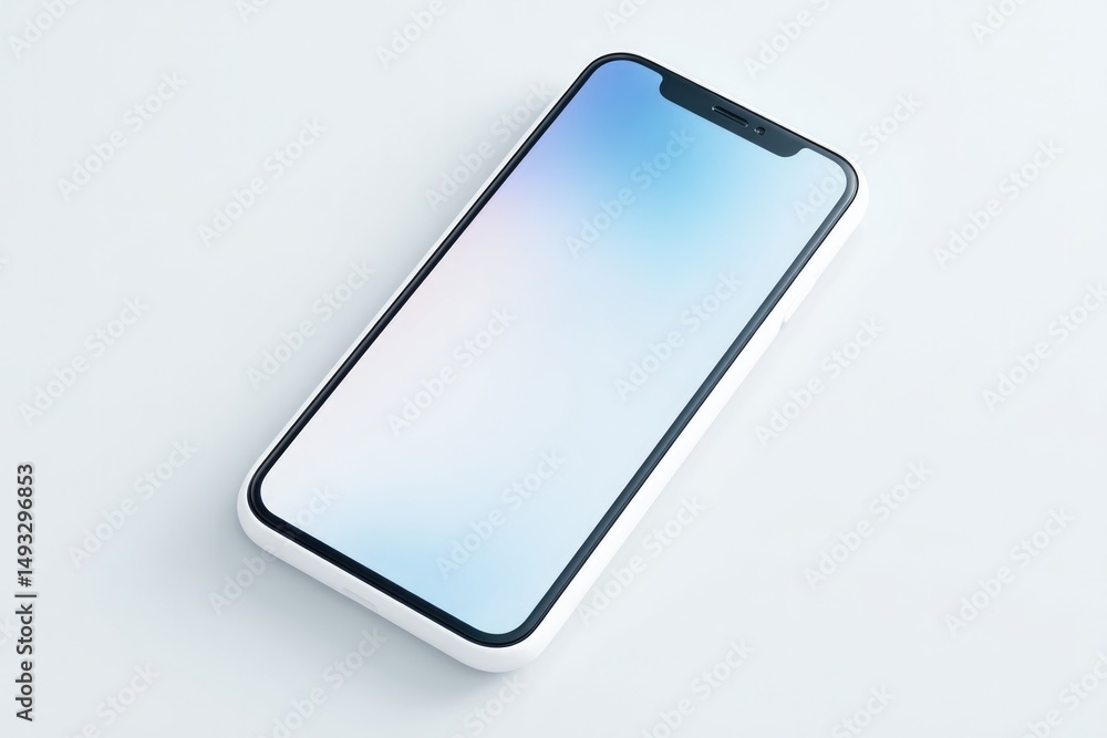 Poster sleek smartphone lying flat on pristine white surface with large amount of copy space