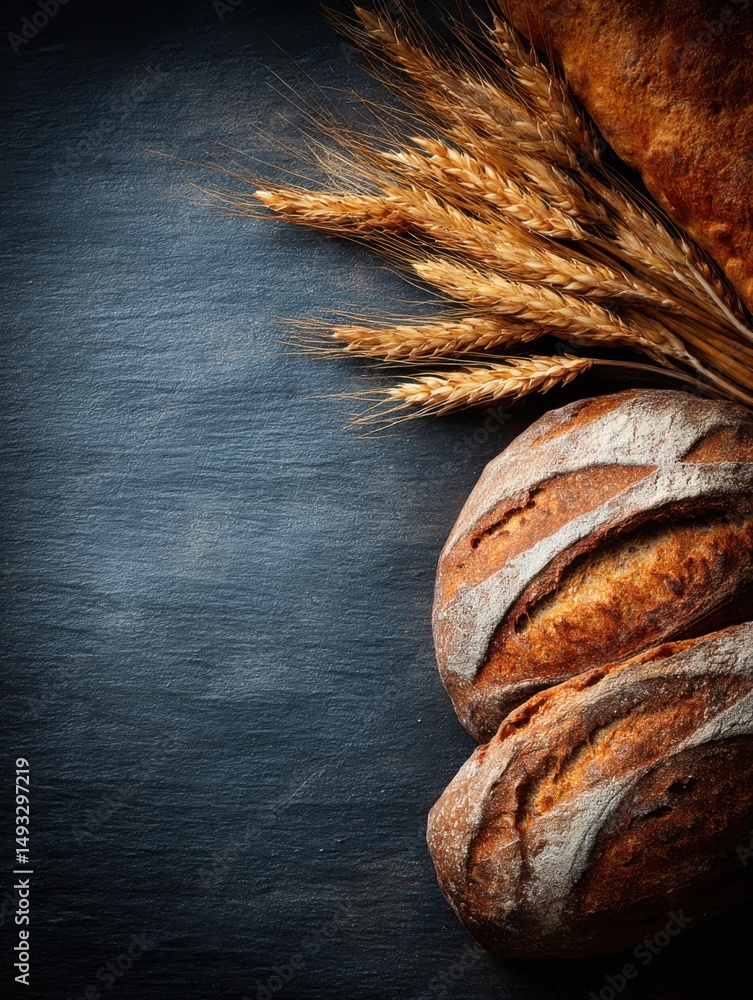 Poster rustic bread and wheat still life on dark background overhead shot with copy space for menu design