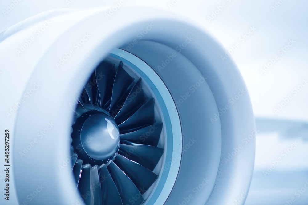 Poster aerospace engine close-up with minimalistic design showcasing intricate details contrasting backgrou