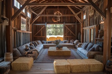 Rustic barn interior with wooden beams and hay bales.