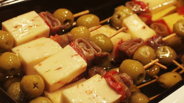 Marinated green olives in spicy sauce with fish and cheese tapas, spanish traditional food, ideal for Mediterranean dish or snack, market in barcelona.