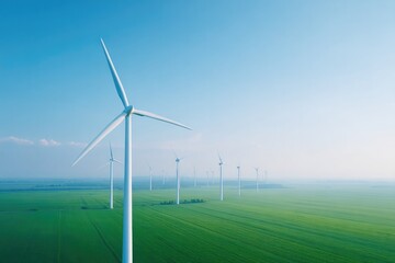 aerial drone shot captures large wind farm with towering turbines on green field below