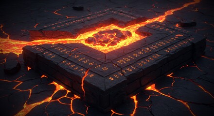 Stone Platform with Lava and Ancient Writing