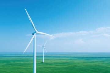 Fototapeta premium aerial drone shot captures large wind farm with towering turbines on green field below