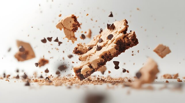 Chocolate chip cookies in mid-air, with crumbs scattered around.