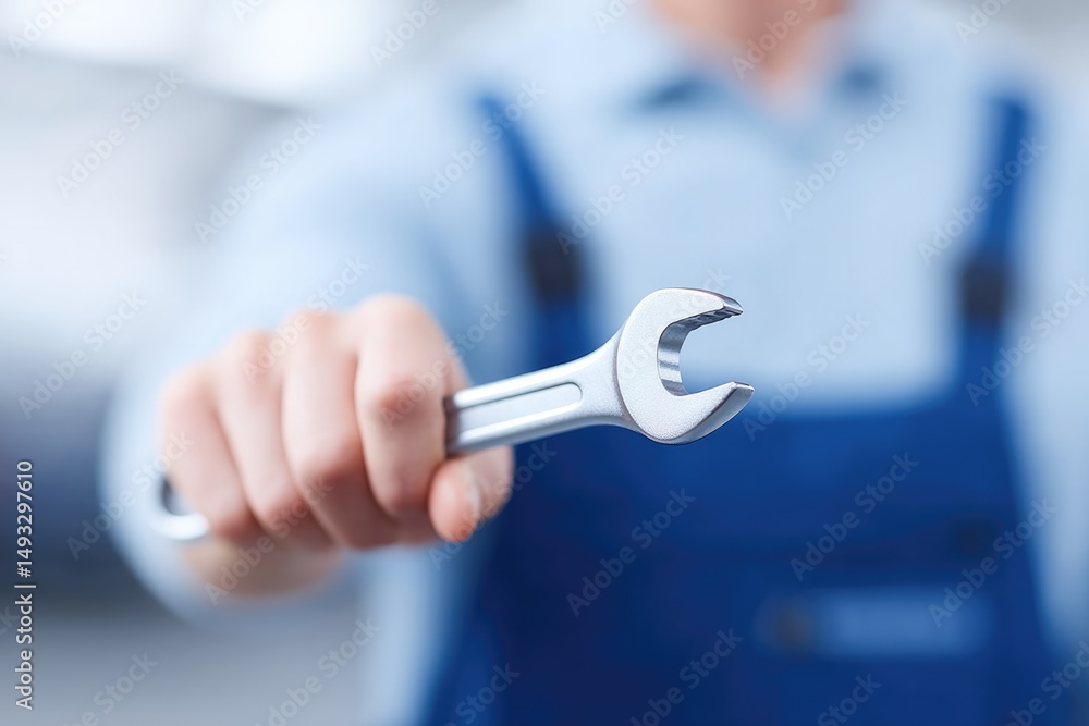 Poster automotive mechanic using socket wrench to work on car engine in garage setting showcasing minimalis