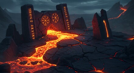 Lava Flowing Through Ancient Stone Ruins Landscape