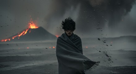 Person with Blanket Volcano Eruption Landscape