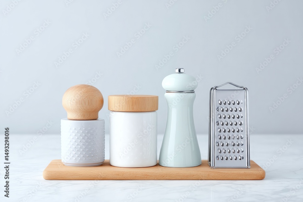 Poster capture minimalistic image of kitchen counter with various gadgets like peelers zesters and slicers 
