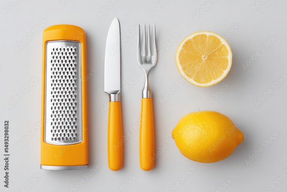Poster capture minimalistic image of kitchen counter with various gadgets like peelers zesters and slicers 