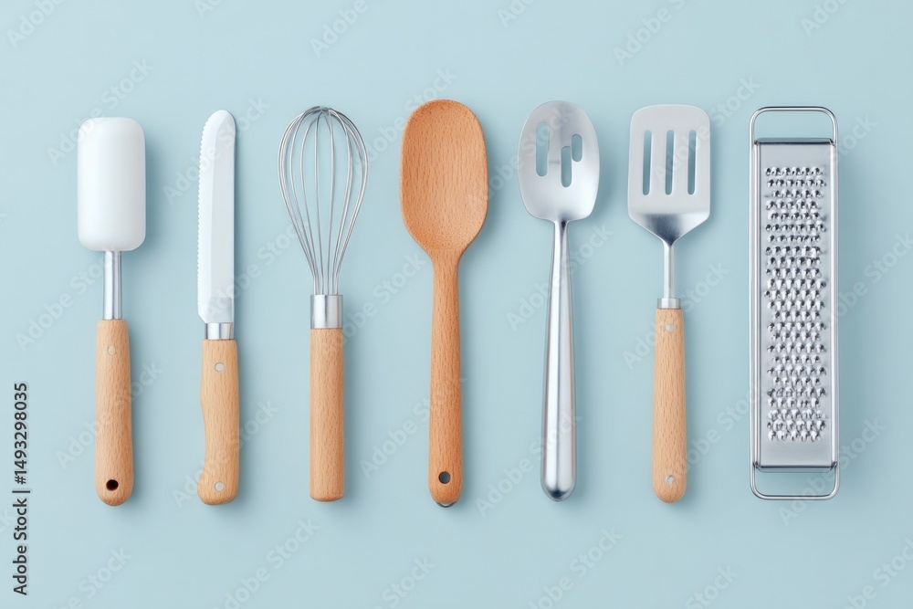 Poster capture minimalistic image of kitchen counter with various gadgets like peelers zesters and slicers 