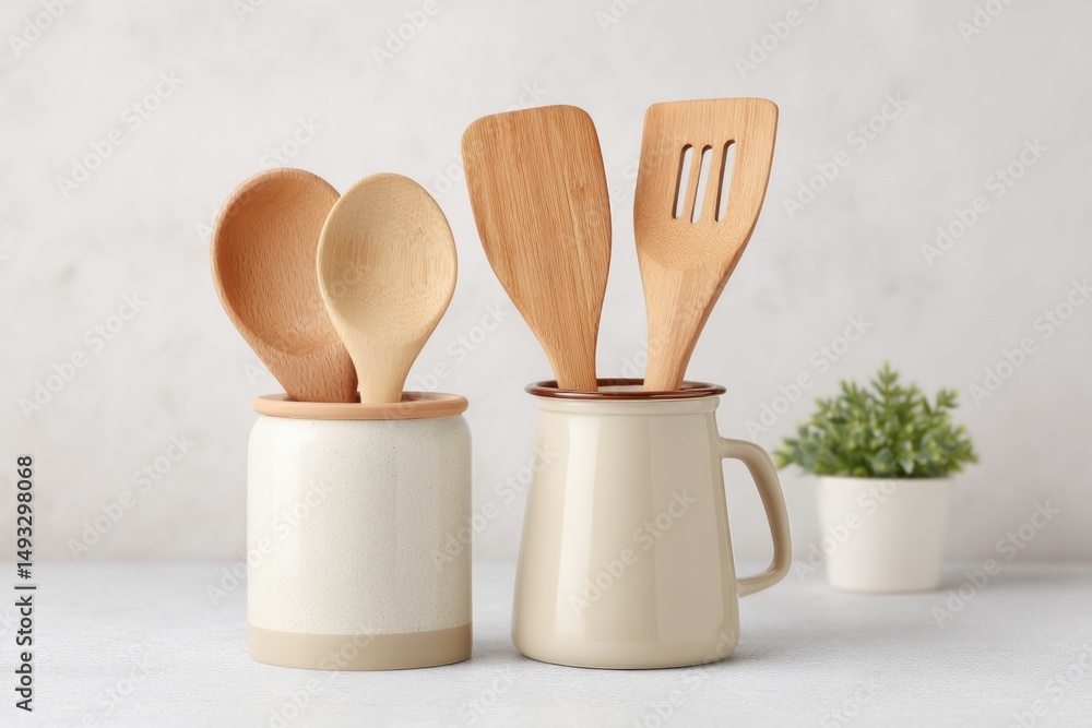 Poster capture minimalistic kitchen setting illustrating clever life hack with neatly arranged utensils inc