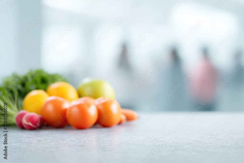 Poster capture minimalistic scene of pristine countertop showcasing array of colorful fresh fruits and vege