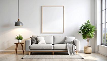 Naklejka premium Blank poster mockup hanging on white wall above gray sofa with cushions and throw blanket in bright living room with wooden floor and green plants