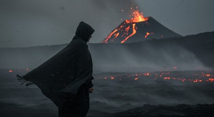 Volcano Eruption with Person in Hooded Cloak