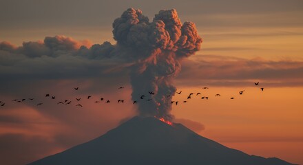 Volcano Eruption Bird Flight Dark Orange Sky