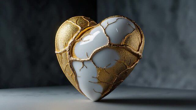 An artistic and stunning depiction of a heart with gold veins emphasizing a glossy white surface. The sculpture embodies strength and beauty through imperfection.