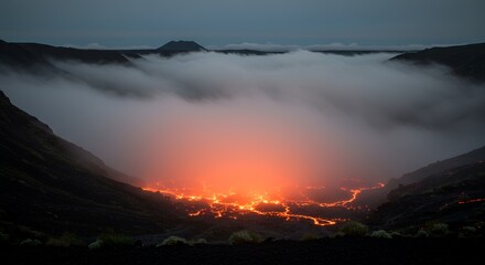 Lava Flowing in Volcanic Crater with Clouds