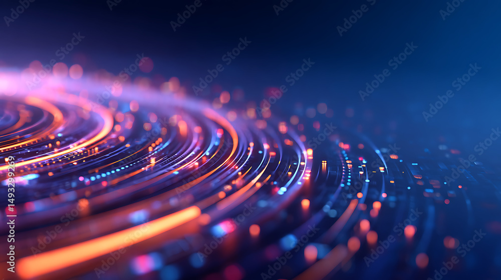 Poster neon technology background with futuristic elements on blue backdrop. 3d rendering 26496580 3