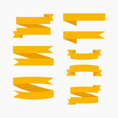 A collection of flat yellow ribbon banner vector set in various shapes and styles, perfect for web, poster, and decorative design use.