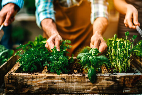 Epices et herbes aromatiques, plantation dans des bacs &agrave; plantes