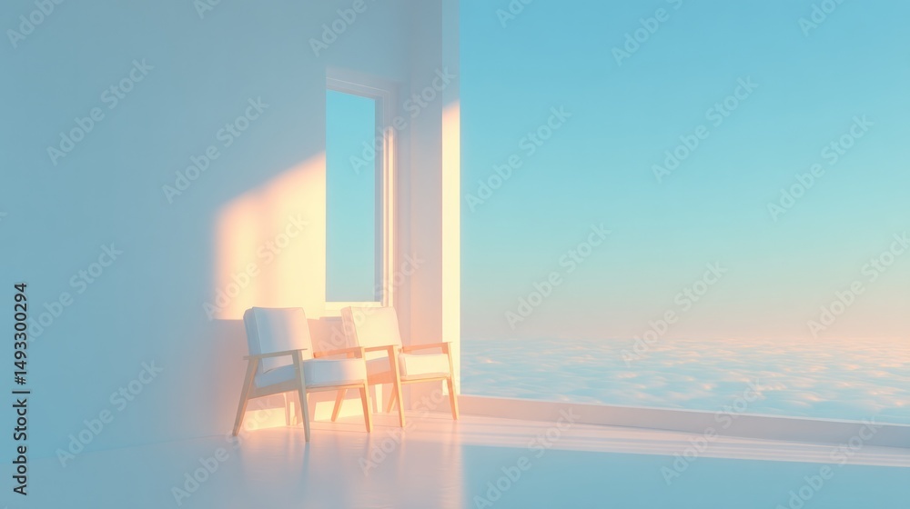Poster minimalistic arrangement of two chairs placed closely together in empty room with sunlight streaming