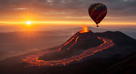 Volcano Eruption Hot Air Balloon Sunset