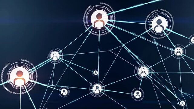 Abstract animation of interconnected team members in a digital network, visualizing organizational structure, business workflow, hierarchy, and collaborative process management for corporate success.