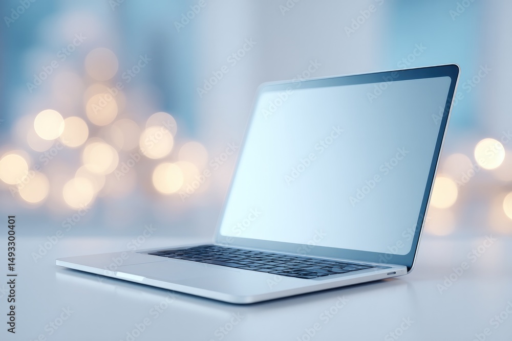 Poster minimalistic close-up of modern home workspace with sleek laptop on stylish desk complemented by sof