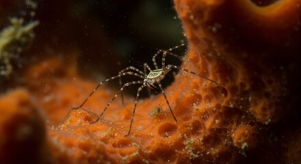 Close up of a spider on an orange sponge in a dark environment with long legs showing