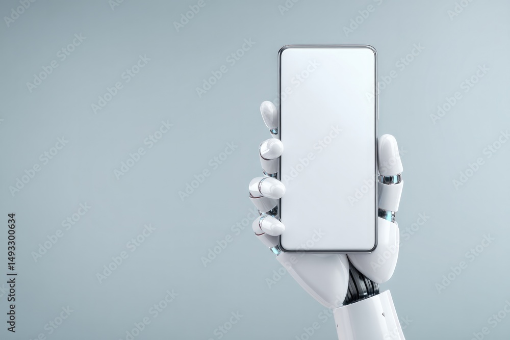 Poster minimalistic image of humanoid robot hand gently holding smartphone with blank white screen futurist