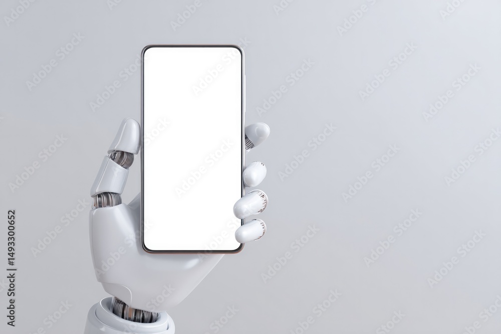 Aufkleber minimalistic image of humanoid robot hand gently holding smartphone with blank white screen futurist