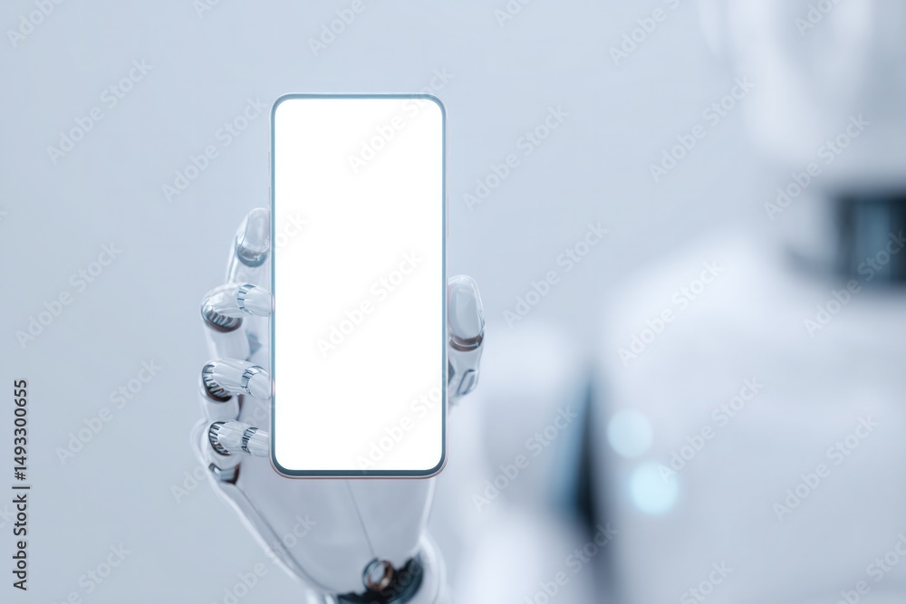 Poster minimalistic image of humanoid robot hand gently holding smartphone with blank white screen futurist