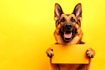 Obraz premium Mockup pose in studio. Ð¡ute adult dog german shepherd hold in front paws a prototype - large yellow lane sign. Isolated dog on a solid attire yellow background. Branding with wild pet.