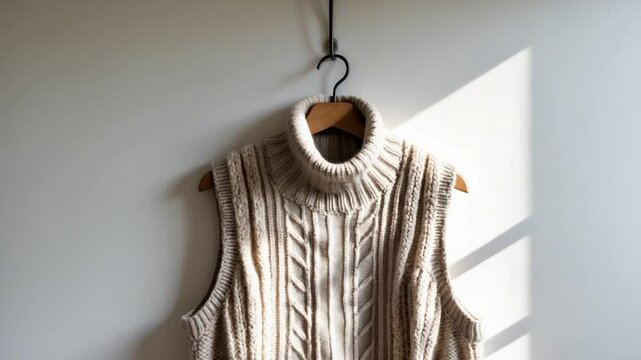 A gray vest displayed on a hanger with a neutral background.