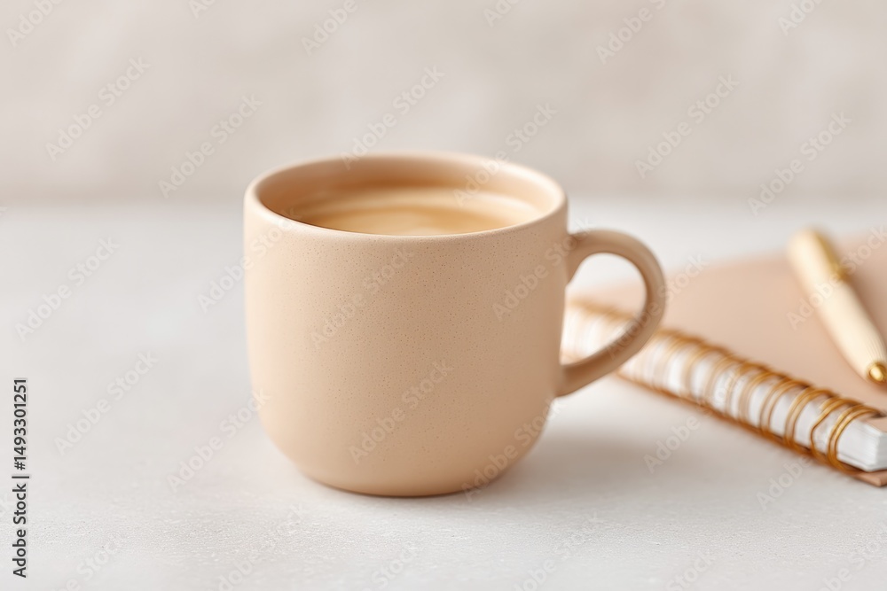 Poster minimalistic workspace setup with notebook pen and coffee cup emphasizing organized career developme