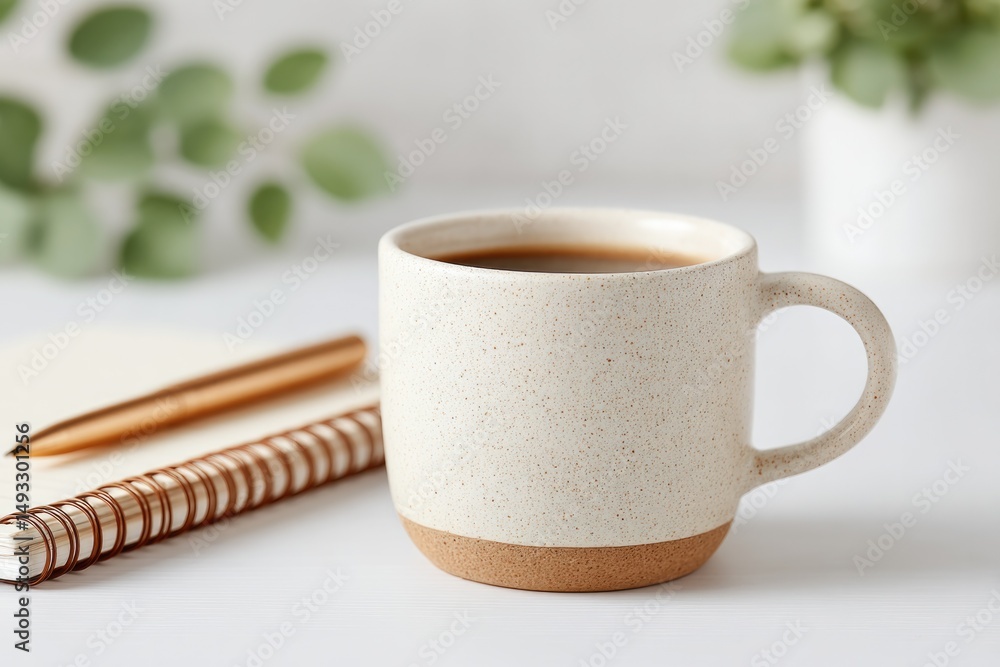 Aufkleber minimalistic workspace setup with notebook pen and coffee cup emphasizing organized career developme