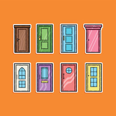 A collection of diverse and colorful illustrated door designs placed on a bright orange background, showcasing creativity and variety in architectural styles.