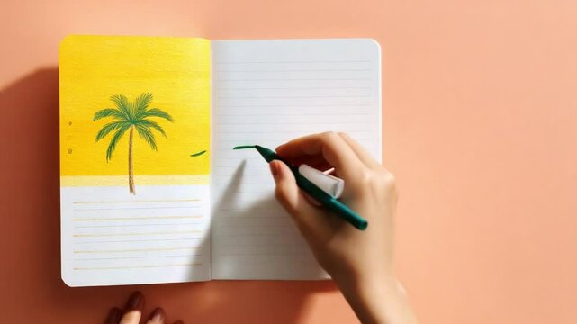 Creative Journaling: A person's hand is meticulously sketching a vibrant palm tree scene in an open notebook. capturing the essence of travel journaling and art.