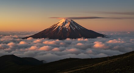 Mountain peak above clouds at sunset
