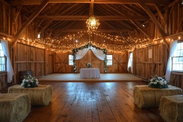 Fototapeta premium Rustic barn interior with wooden beams and hay bales.